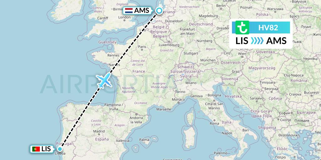 HV82 Transavia Flight Map: Lisbon to Amsterdam
