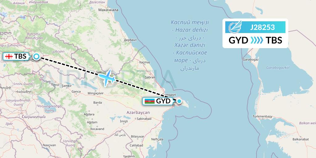 J28253 Azerbaijan Airlines Flight Map: Baku to Tbilisi