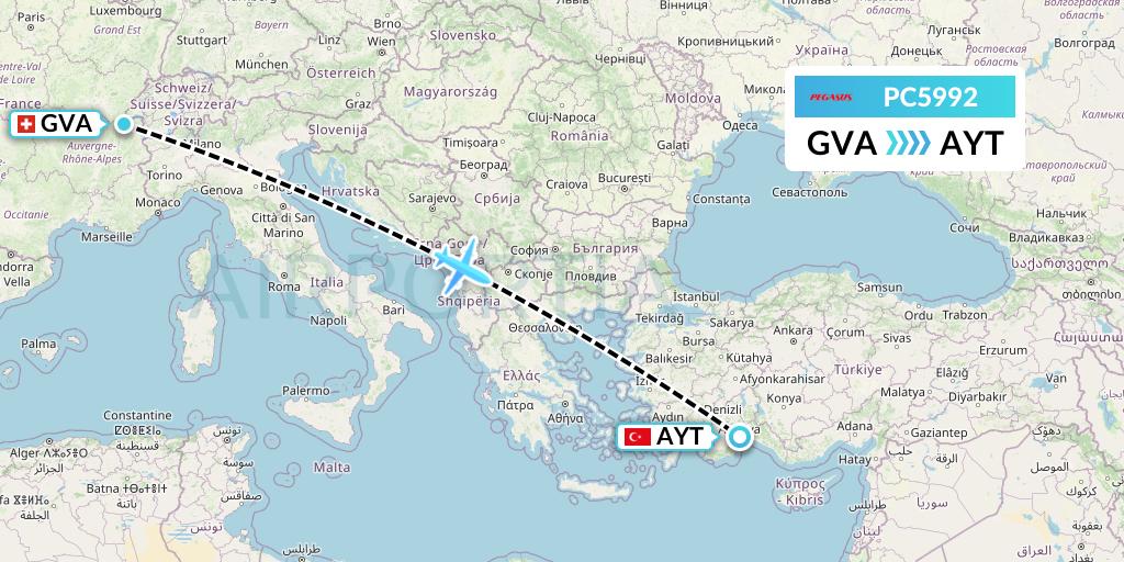 PC5992 Pegasus Airlines Flight Map: Geneva to Antalya