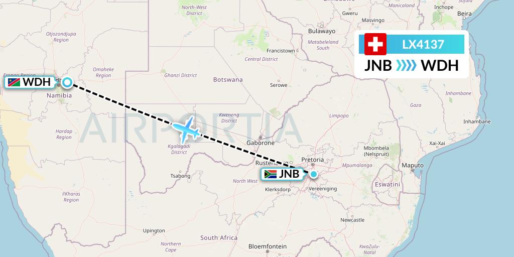 LX4137 Swiss Flight Map: Johannesburg to Windhoek
