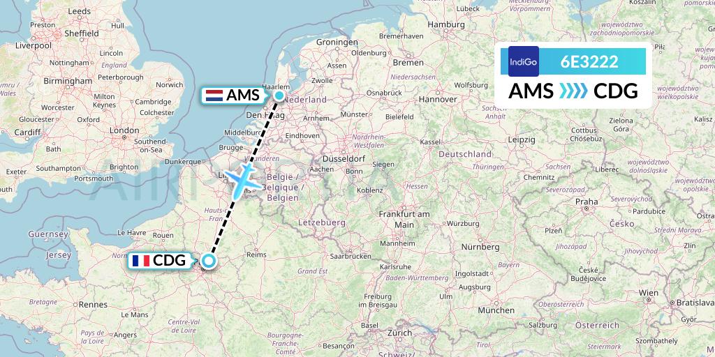 6E3222 IndiGo Airlines Flight Map: Amsterdam to Paris