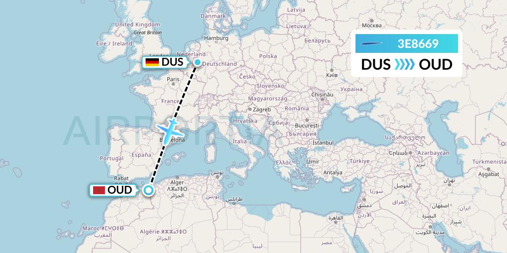 3E8669 Air Choice One Flight Map: Dusseldorf to Oujda