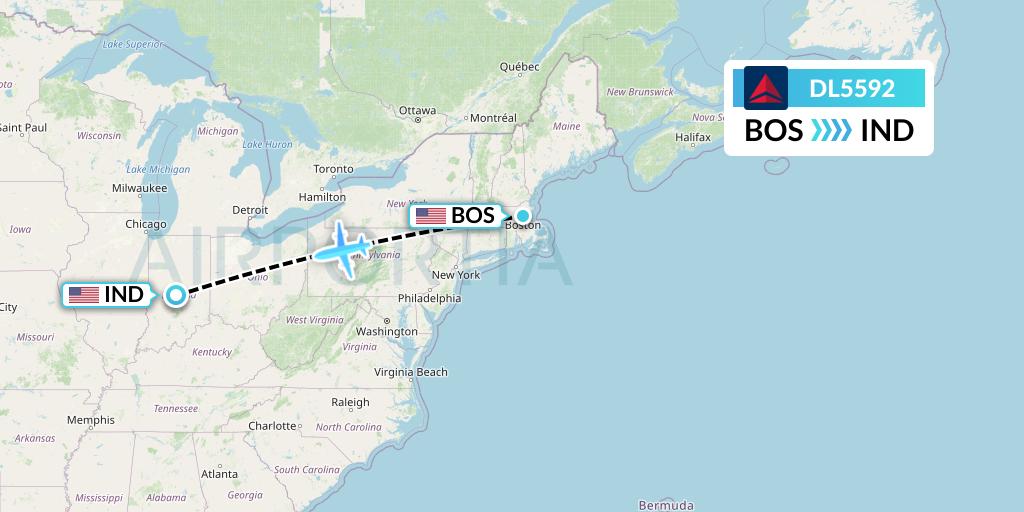 DL5592 Delta Air Lines Flight Map: Boston to Indianapolis