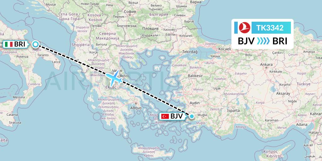 TK3342 Turkish Airlines Flight Map: Bodrum to Bari