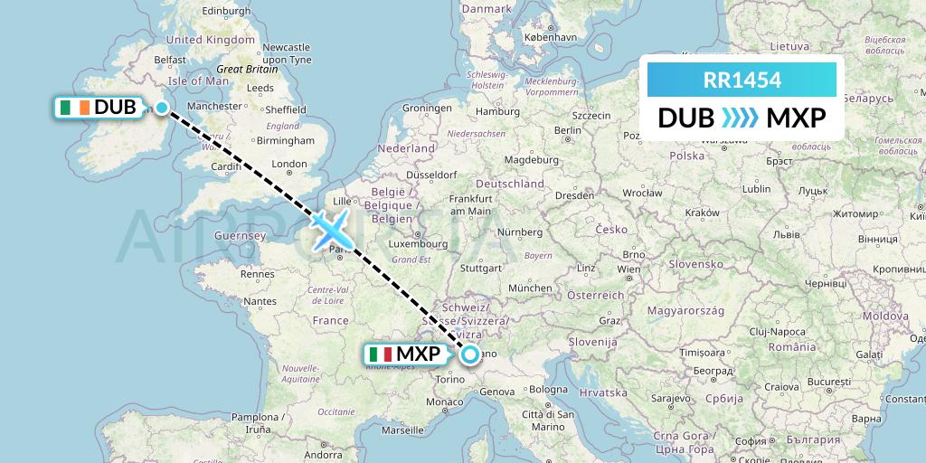 RR1454 Royal Air Force Flight Map: Dublin to Milan
