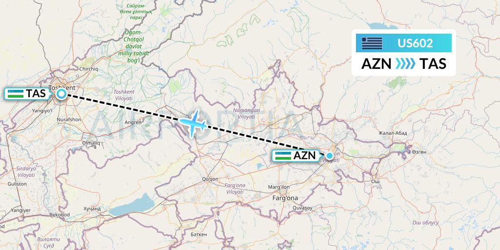US602 US Airways Flight Map: Andizhan to Tashkent
