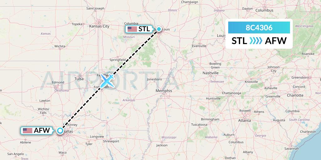 8C4306 Air Transport International Flight Map: St. Louis to Fort Worth