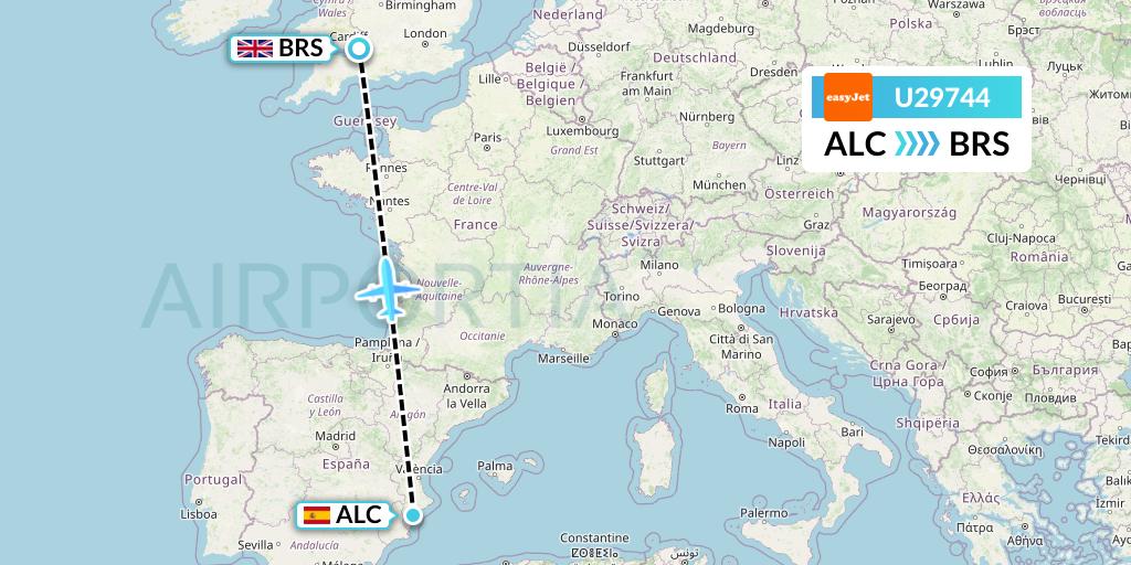 U29744 EasyJet Flight Map: Alicante to Bristol