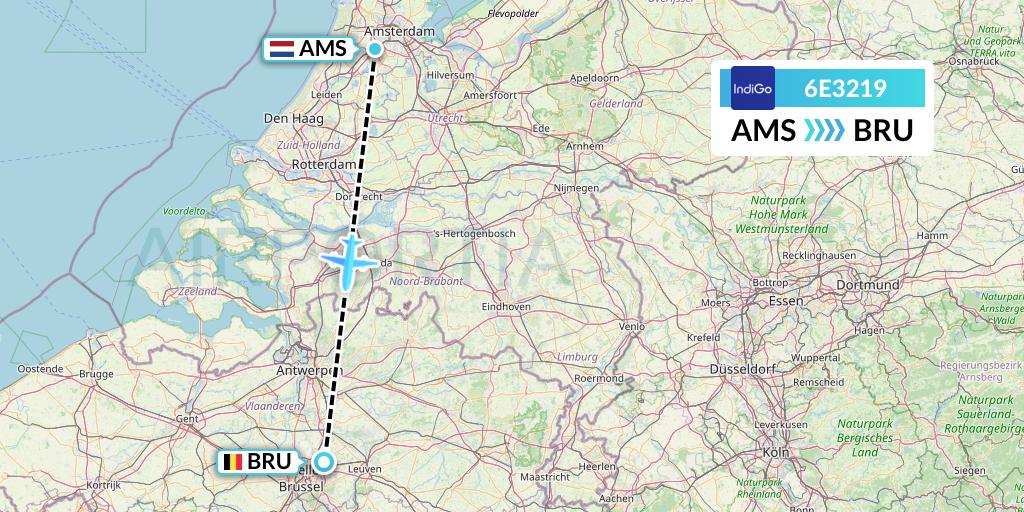 6E3219 IndiGo Airlines Flight Map: Amsterdam to Brussels