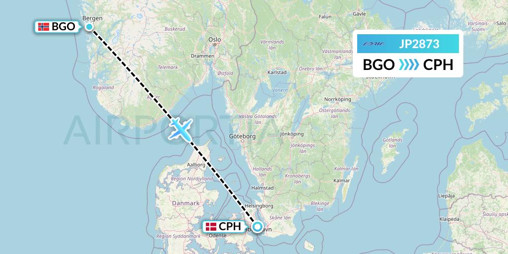 JP2873 Adria Airways Flight Map: Bergen to Copenhagen