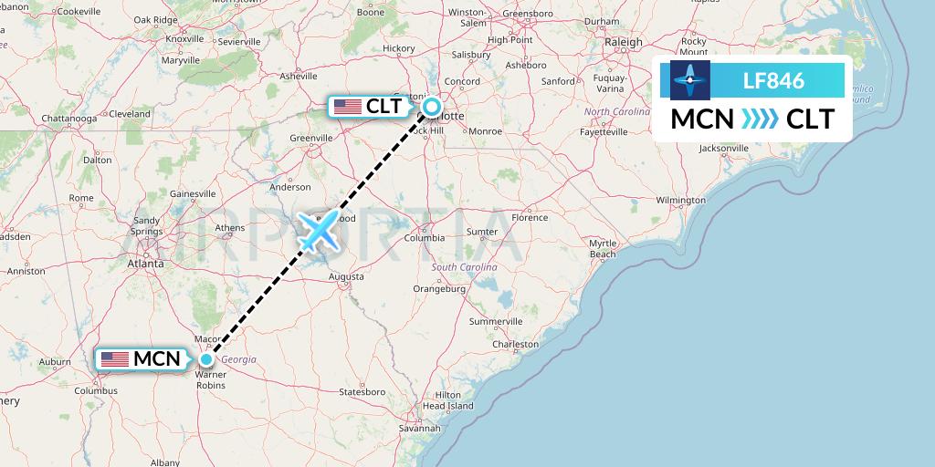 LF846 Corporate Flight Management Flight Map: Macon to Charlotte