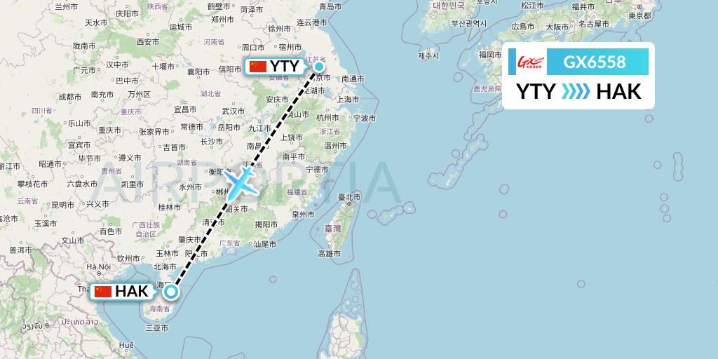 GX6558 GX Airlines Flight Map: Yangzhou to Haikou