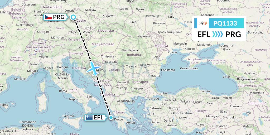 PQ1133 SkyUp Airlines Flight Map: Kefalonia to Prague
