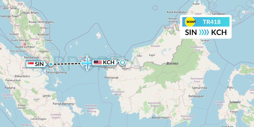 TR418 Tigerair Flight Map: Singapore to Kuching