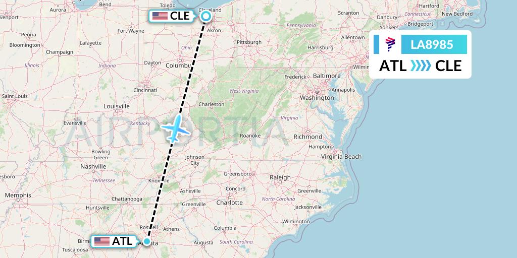 LA8985 LAN Airlines Flight Map: Atlanta to Cleveland