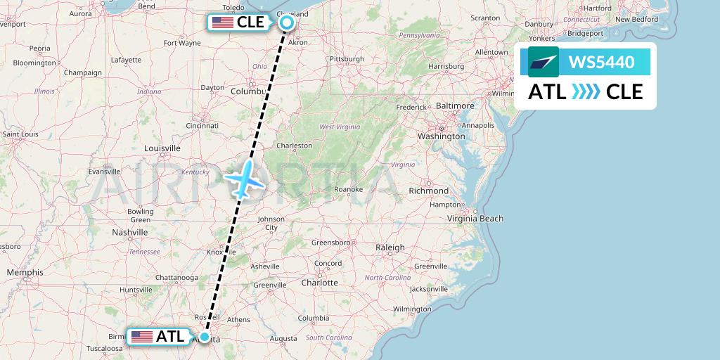 WS5440 WestJet Flight Map: Atlanta to Cleveland