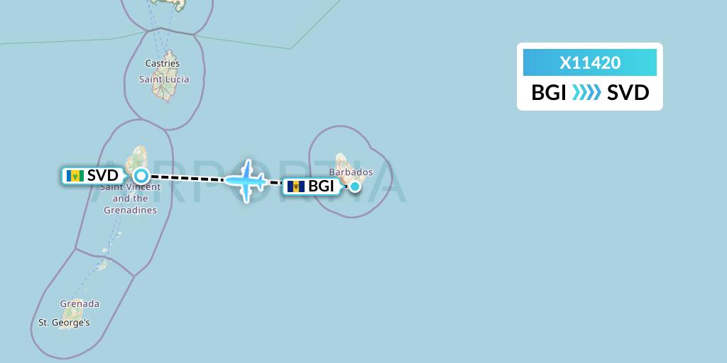 X11420 Nik Airways Flight Map: Bridgetown to Kingstown