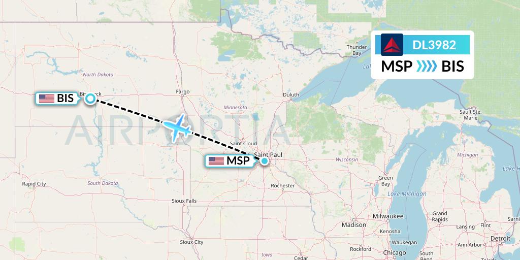 DL3982 Delta Air Lines Flight Map: Minneapolis to Bismarck