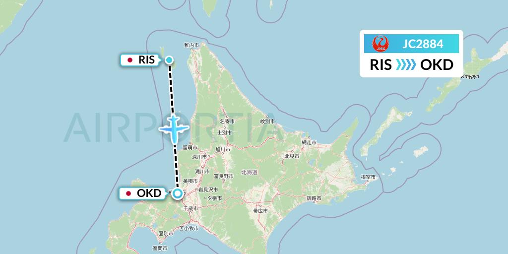 JC2884 Japan Air Commuter Flight Map: Rishiri to Sapporo
