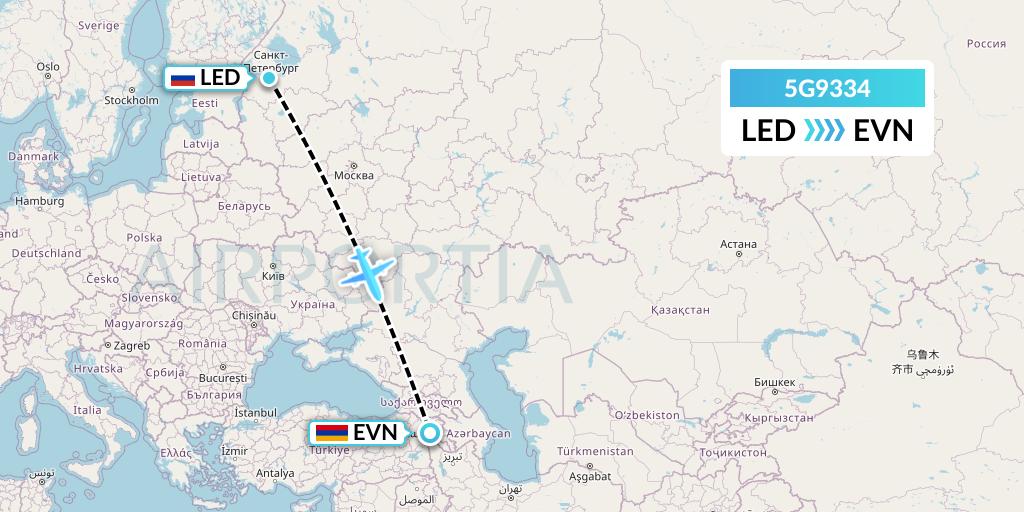 5G9334 Shirak Avia Flight Map: St. Petersburg to Yerevan