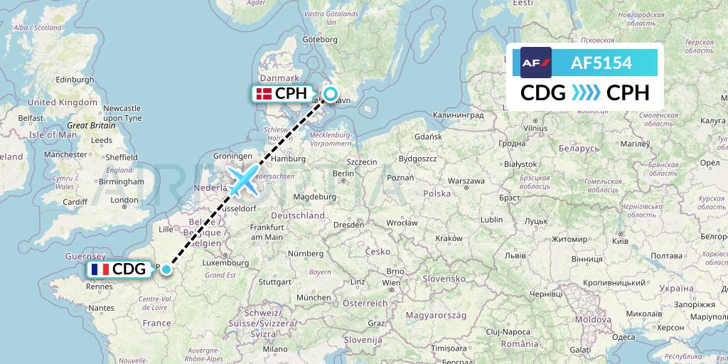 AF5154 Air France Flight Map: Paris to Copenhagen