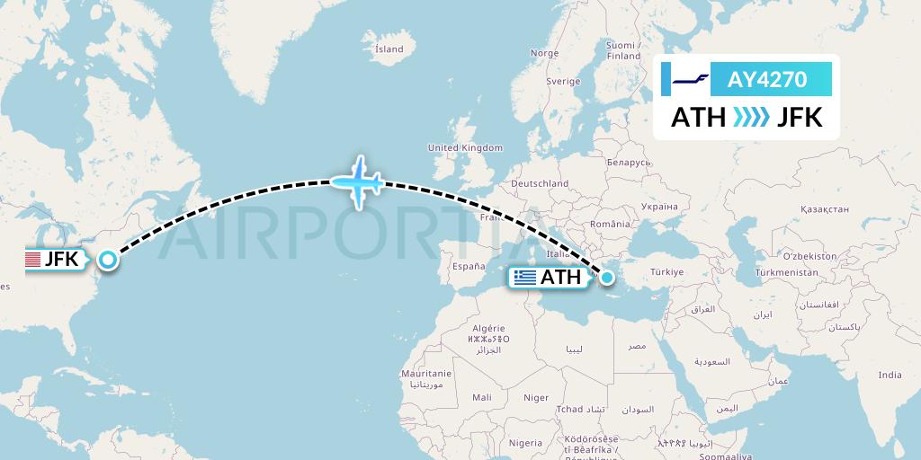 AY4270 Finnair Flight Map: Athens to New York