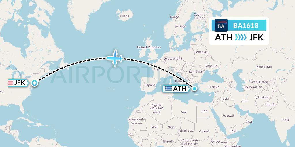 BA1618 British Airways Flight Map: Athens to New York