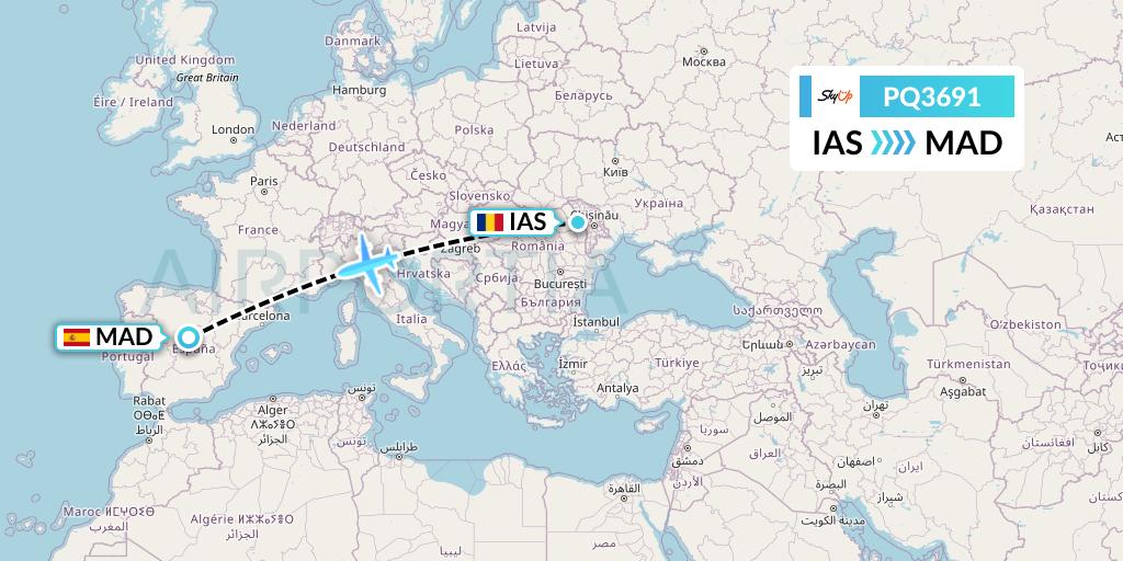 PQ3691 SkyUp Airlines Flight Map: Iasi to Madrid