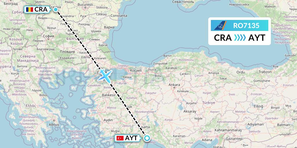 RO7135 Tarom Flight Map: Craiova to Antalya