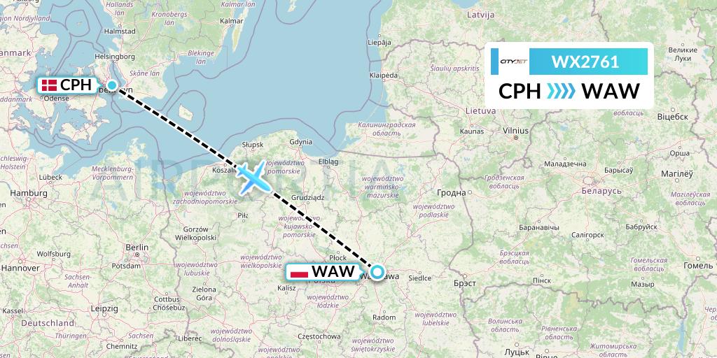 WX2761 Cityjet Flight Map: Copenhagen to Warsaw
