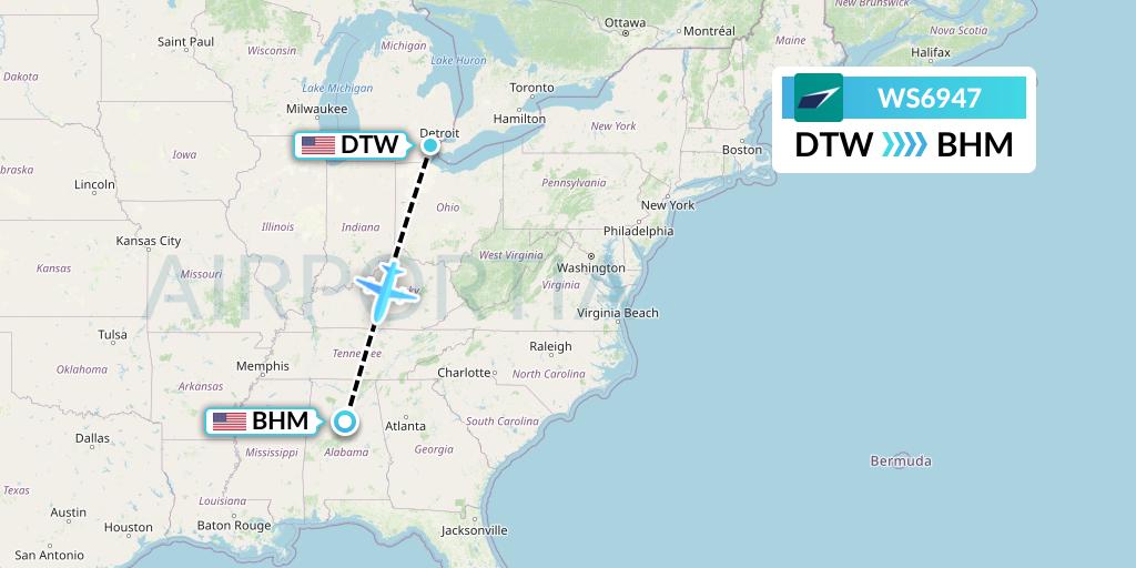 WS6947 WestJet Flight Map: Detroit to Birmingham