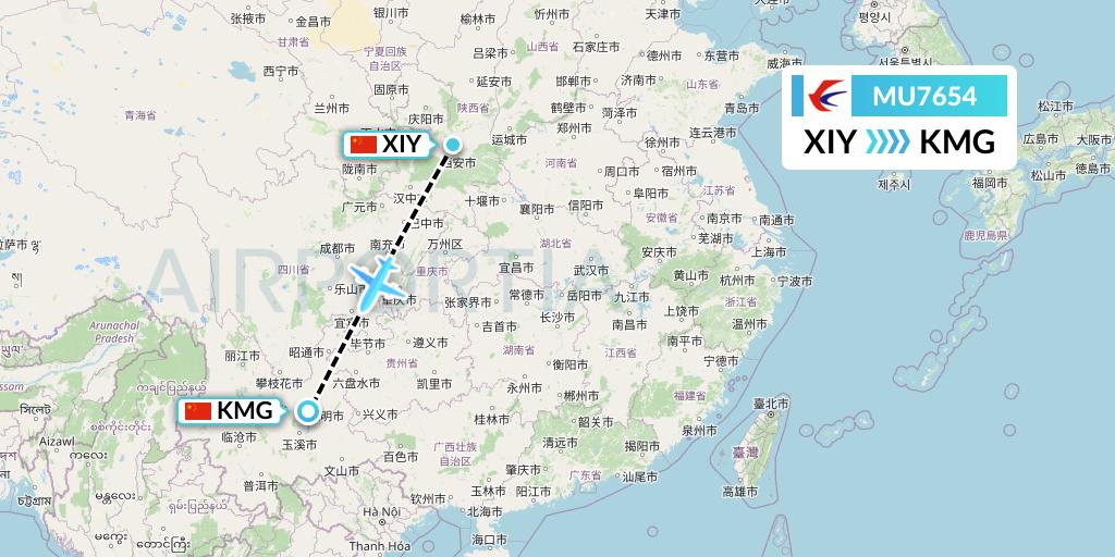 MU7654 China Eastern Airlines Flight Map: Xi'an to Kunming