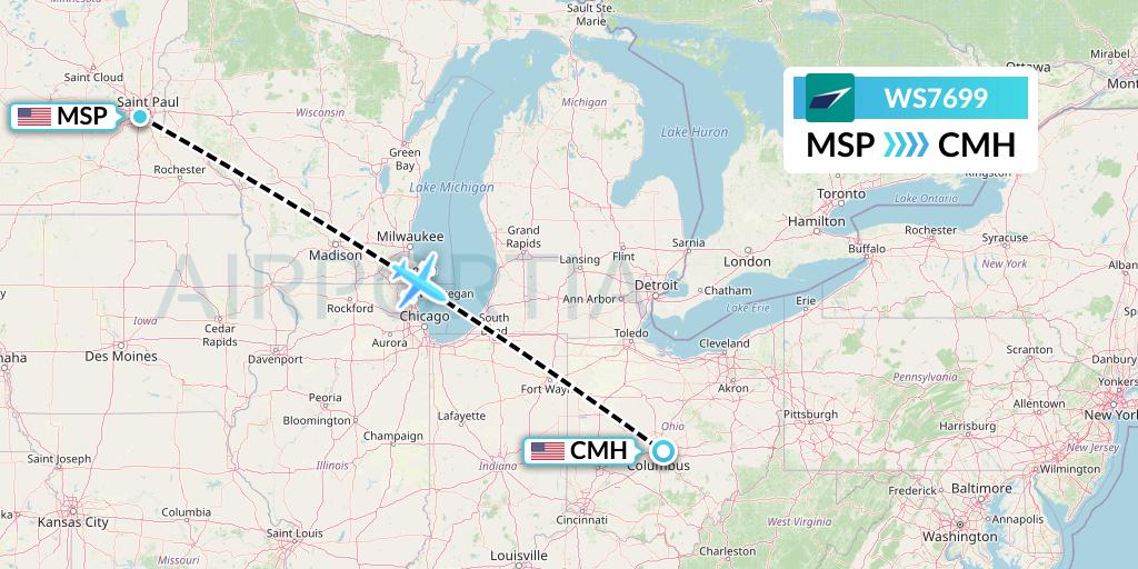 WS7699 WestJet Flight Map: Minneapolis to Columbus