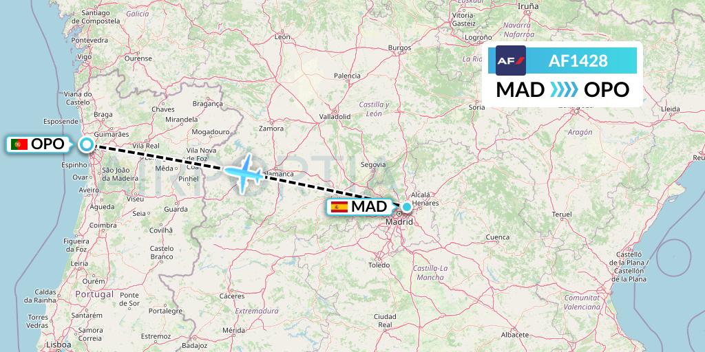 AF1428 Air France Flight Map: Madrid to Porto