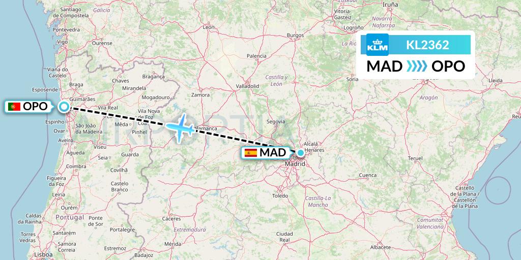 KL2362 KLM Flight Map: Madrid to Porto