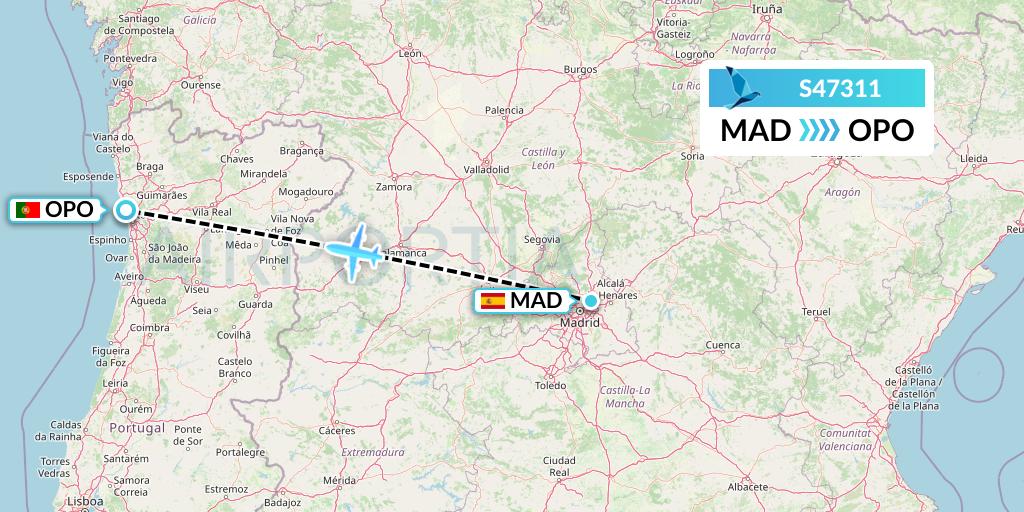 S47311 Azores Airlines Flight Map: Madrid to Porto