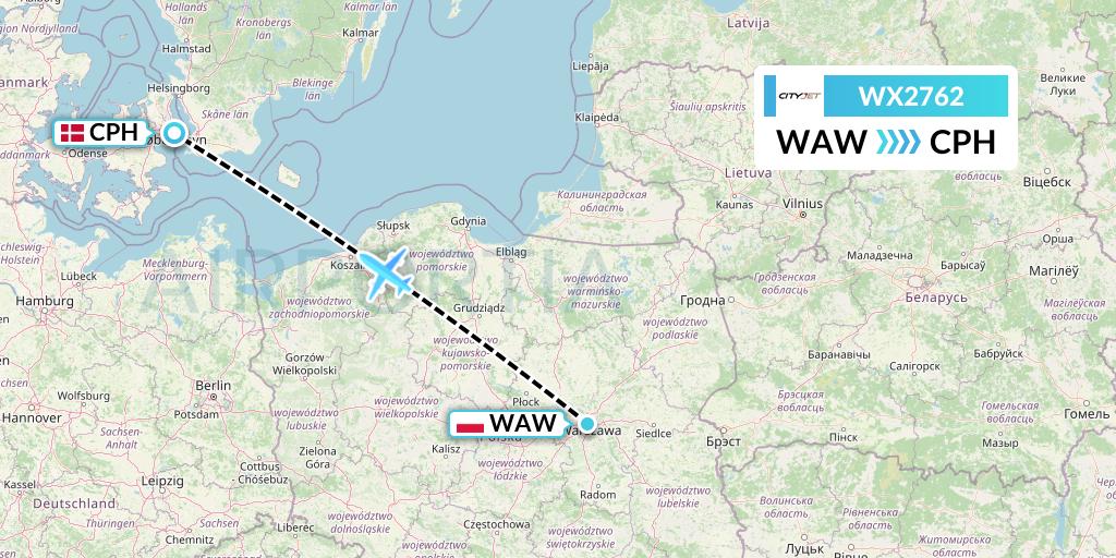 WX2762 Cityjet Flight Map: Warsaw to Copenhagen