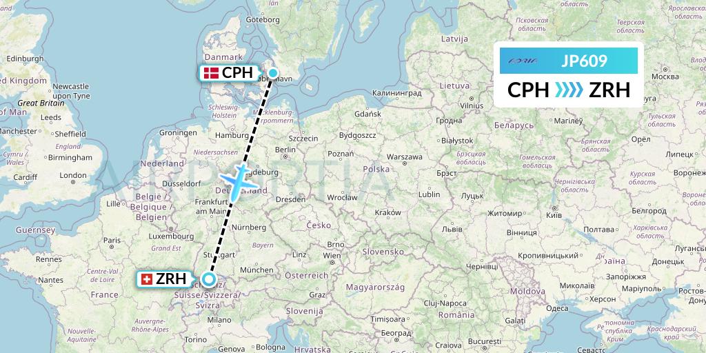 JP609 Adria Airways Flight Map: Copenhagen to Zurich