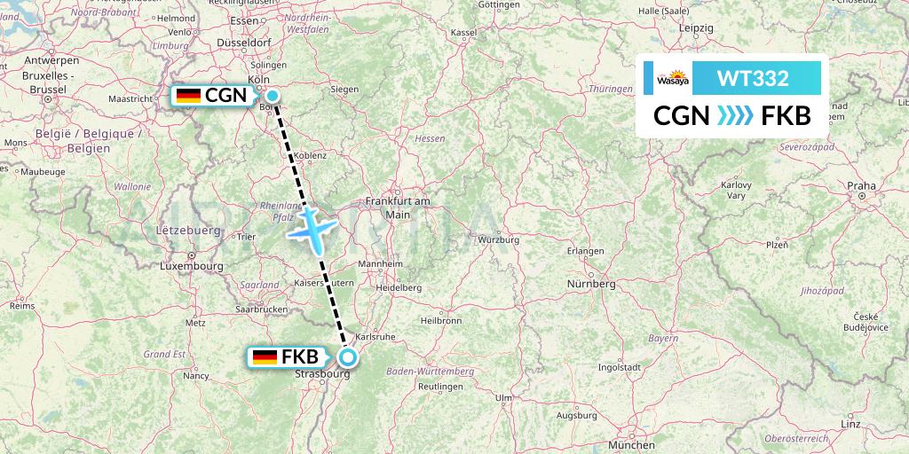 WT332 Swiftair Flight Map: Cologne to Karlsruhe/Baden-Baden