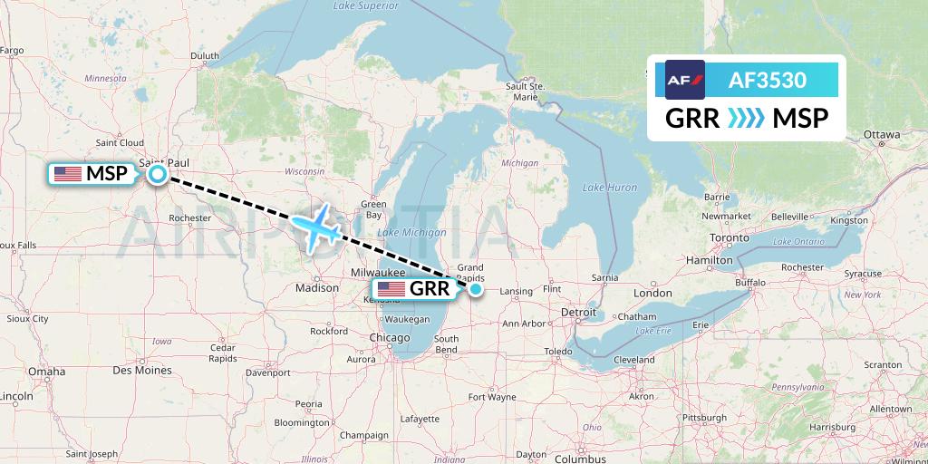 AF3530 Air France Flight Map: Grand Rapids to Minneapolis