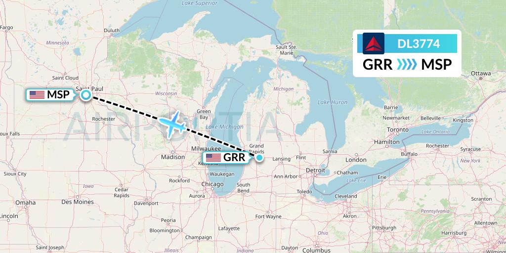 DL3774 Delta Air Lines Flight Map: Grand Rapids to Minneapolis