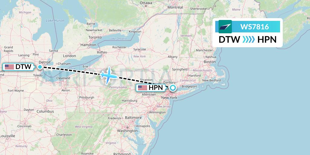 WS7816 WestJet Flight Map: Detroit to White Plains