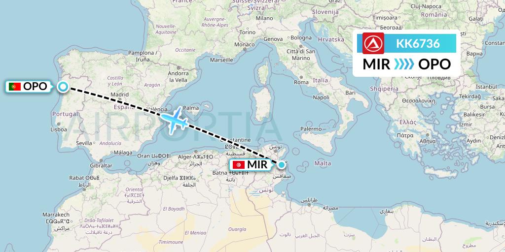 KK6736 Atlasjet Flight Map: Monastir to Porto