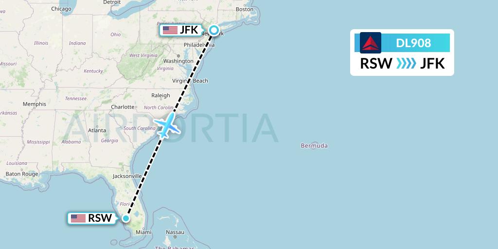 DL908 Delta Air Lines Flight Map: Fort Myers to New York