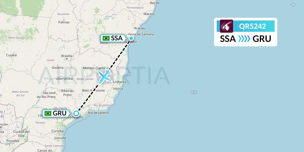 QR5242 Qatar Airways Flight Map: Salvador to Sao Paulo