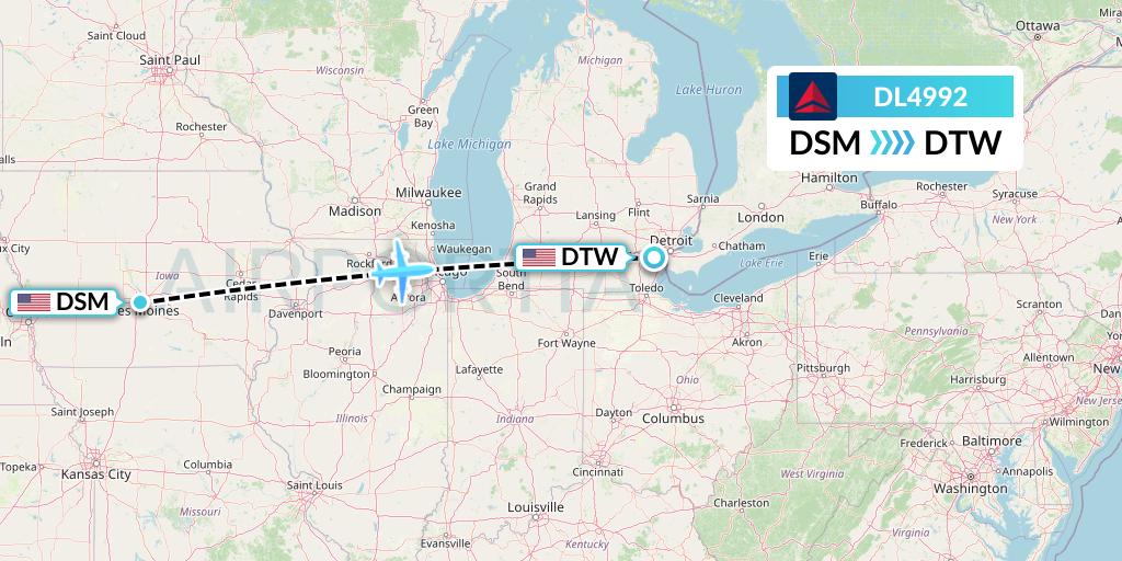 DL4992 Delta Air Lines Flight Map: Des Moines to Detroit