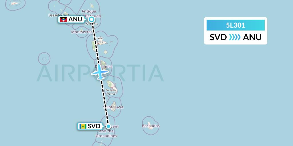 5L301 Fly Salone Airlines Limited Flight Map: Kingstown to Antigua