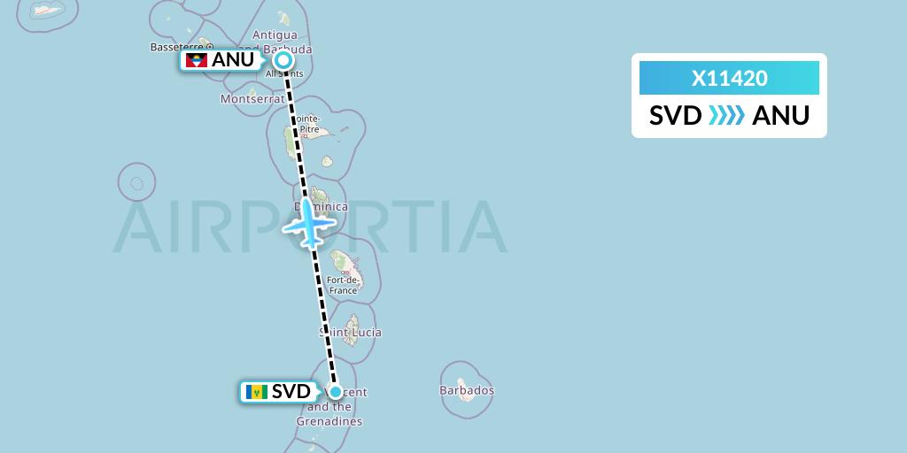 X11420 Nik Airways Flight Map: Kingstown to Antigua