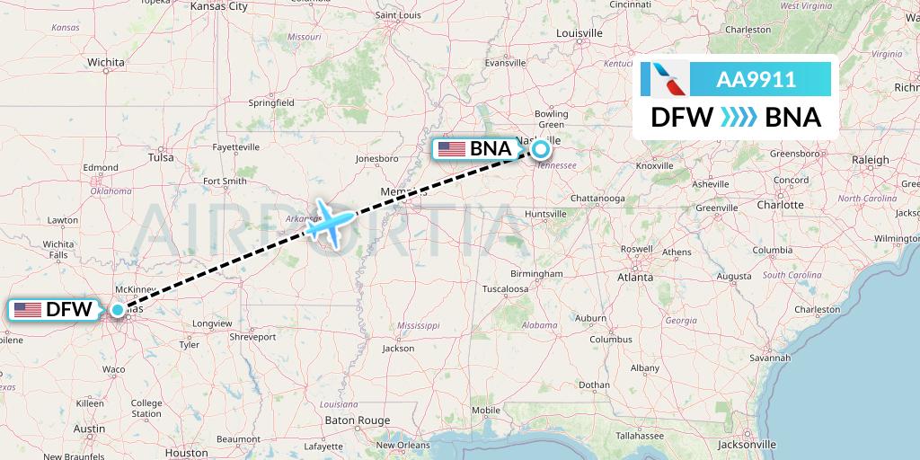 AA9911 American Airlines Flight Map: Dallas to Nashville
