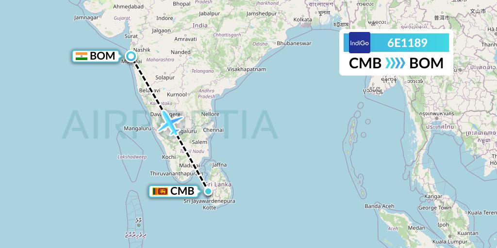 6E1189 IndiGo Airlines Flight Map: Colombo to Mumbai